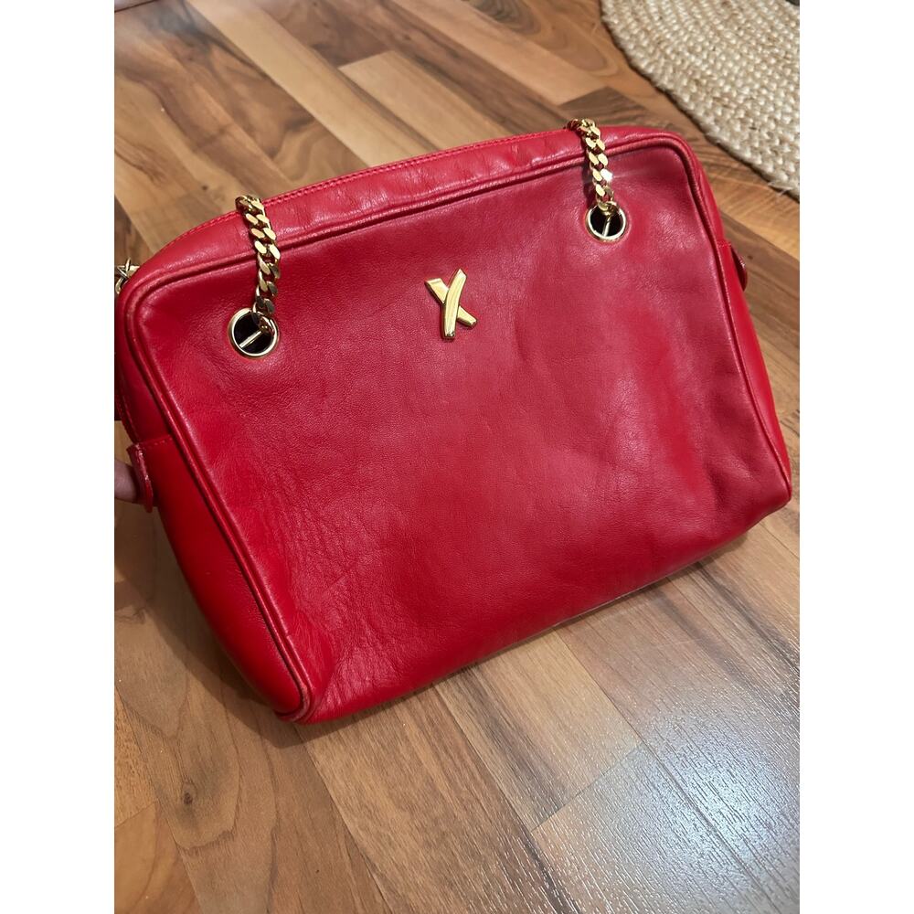 Vintage Paloma Picasso Red Leather Gold Double Chain Shoulder Bag ~ GUC!